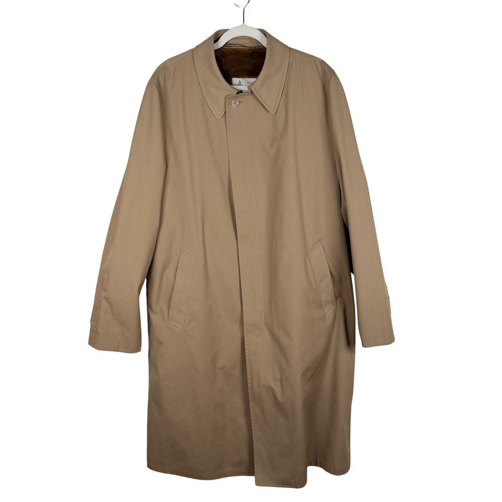 London Fog Mens 44 EX-LONG Trench Coat Tan Faux Fur Liner Vintage Overcoat